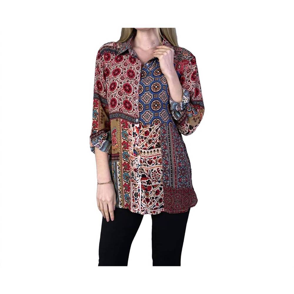 NEW SHANA APPAREL patchwork print button up tunic top in wine